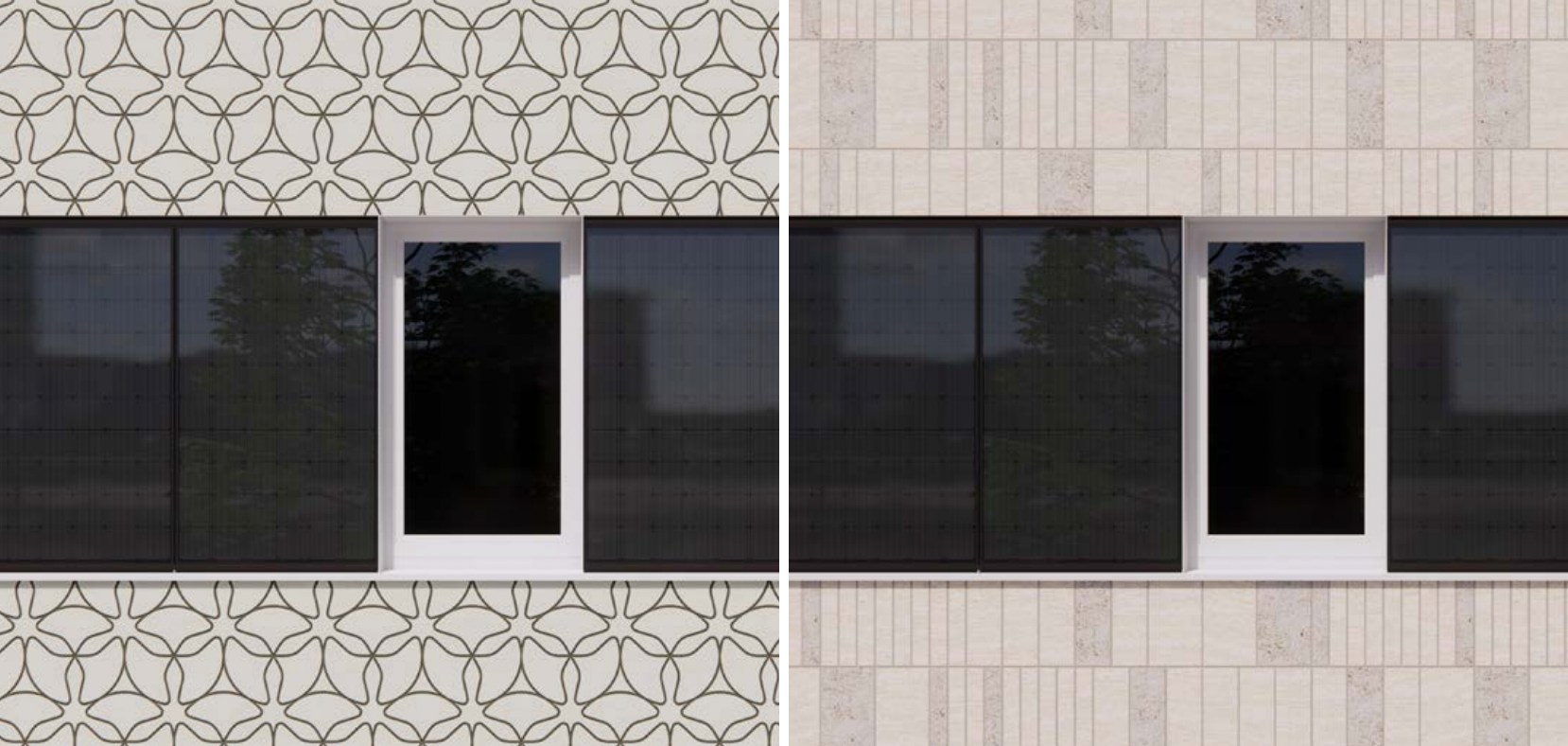 Side-by-side StoVentec ceramic rainscreen panels, one with floral motif, both featuring Voltaic photovoltaic solar power panels, designed for energy-efficient rainscreen facade systems in Atlantic Canada’s coastal climate
