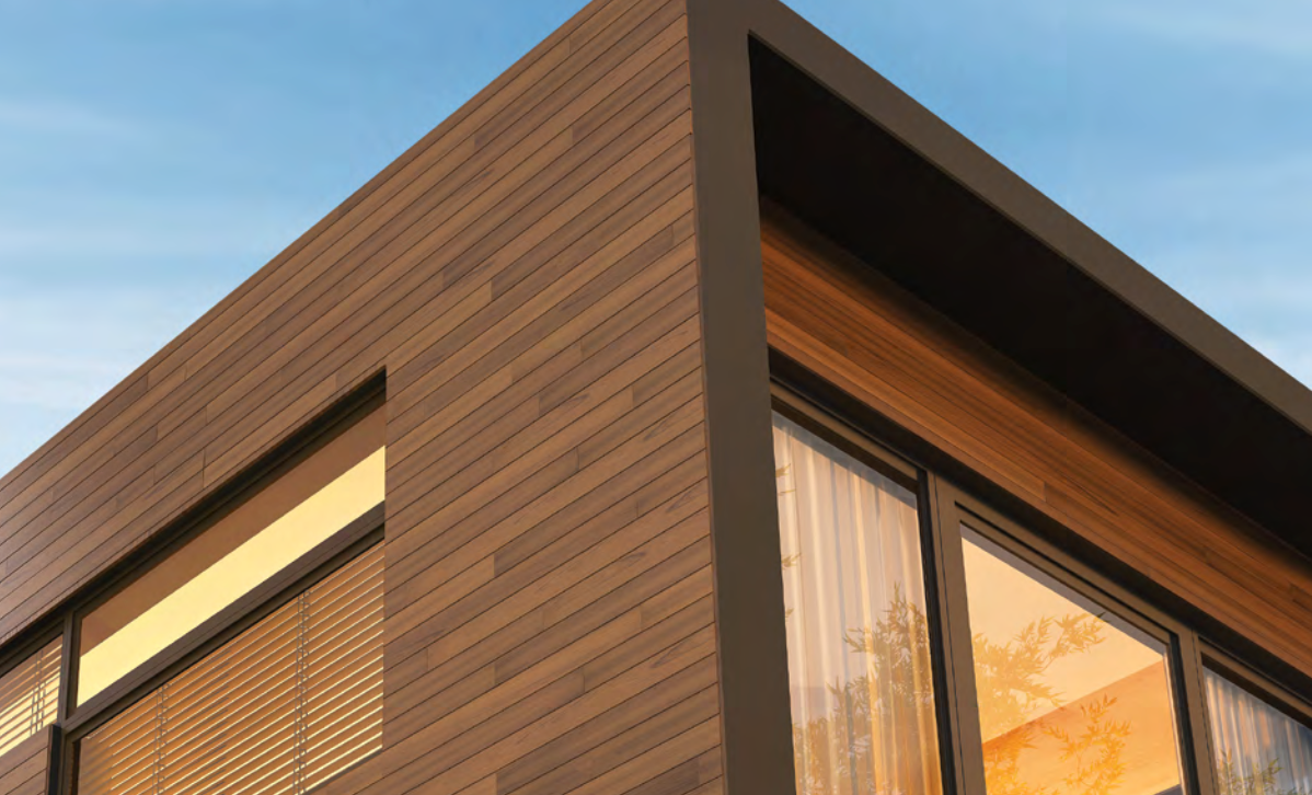 Stocast wood exterior cladding with natural, organic texture and realistic finish on building façade, durable architectural wood-look exterior