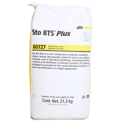 BTS Plus primer and adhesive product in Sto packaging bag, used for bonding and base coat applications in EIFS and stucco systems