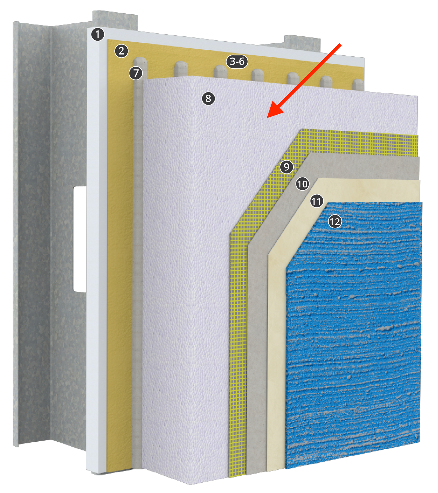 Diagram of Sto EIFS system showing layers with Pro-D drainage insulation foam board highlighted, illustrating its position and function within the exterior insulation and finish system