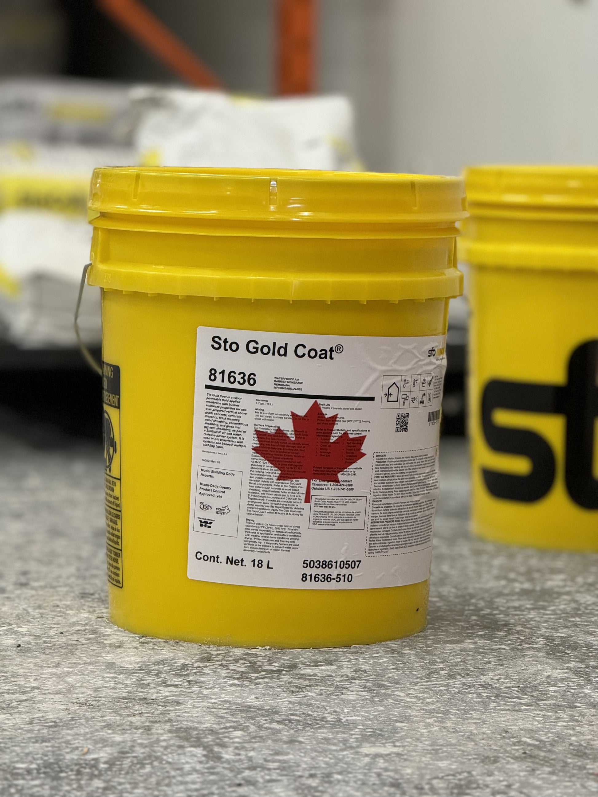 Sto Gold Coat liquid applied membrane vapour sealant bucket with clear product label, used for moisture and vapour protection in building envelope systems