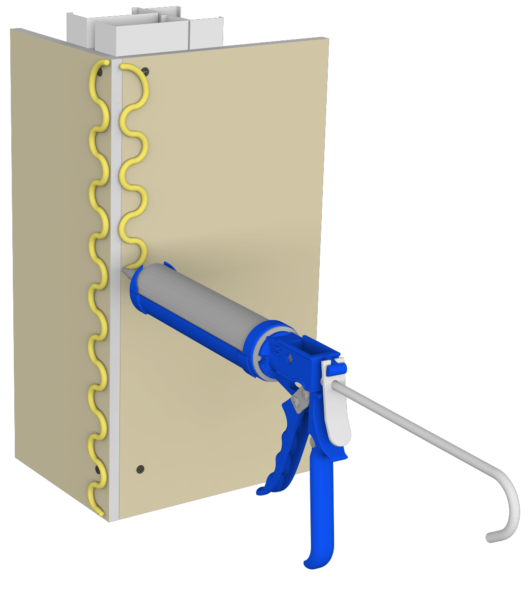 Sto RapidGuard sealant being applied with application gun on building corner joints, demonstrating effective joint sealing for moisture protection