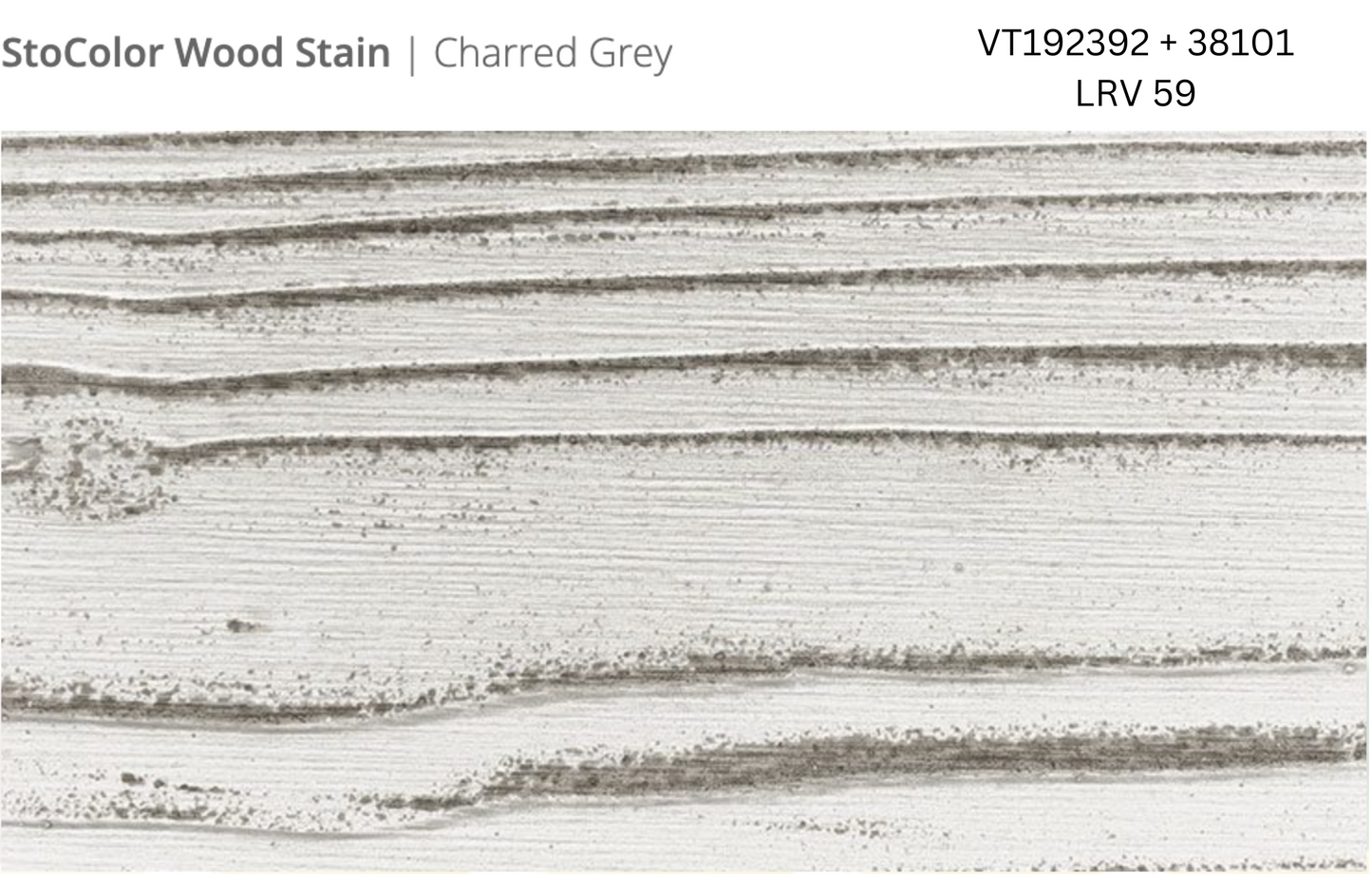 Close-up of Stocast wood with Stocolor woodstain in Charred Grey colours, codes VT192392 and 38101, showing textured wood finish