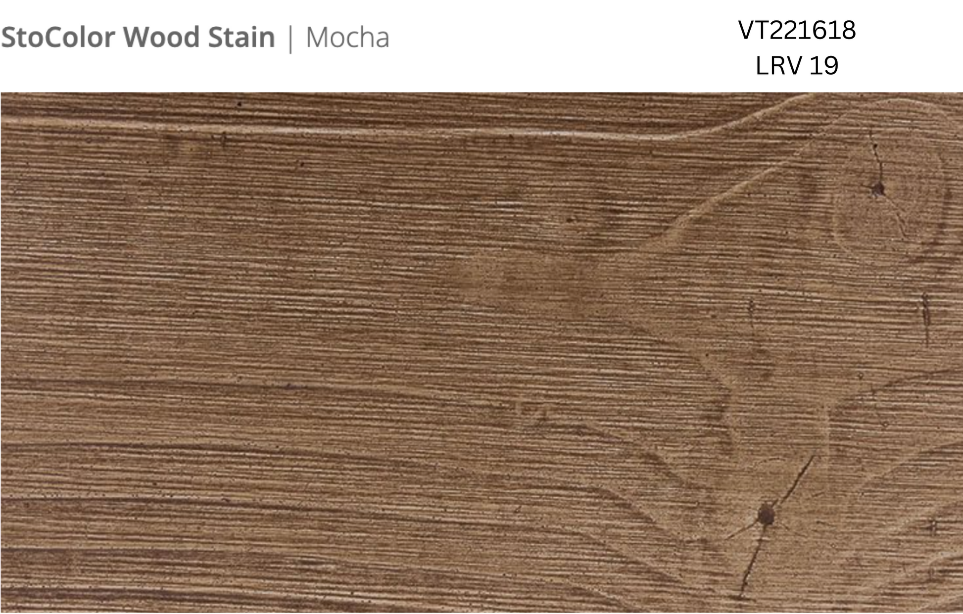 Close-up of Stocast wood with Stocolor woodstain in Mocha colour, code VT221618, showing textured wood finish