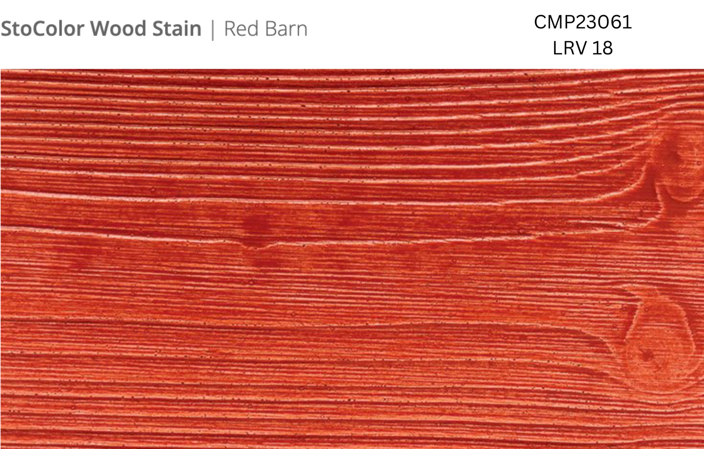 Close-up of Stocast wood with Stocolor woodstain in Red Barn colour, code CMP23061, showing textured wood finish