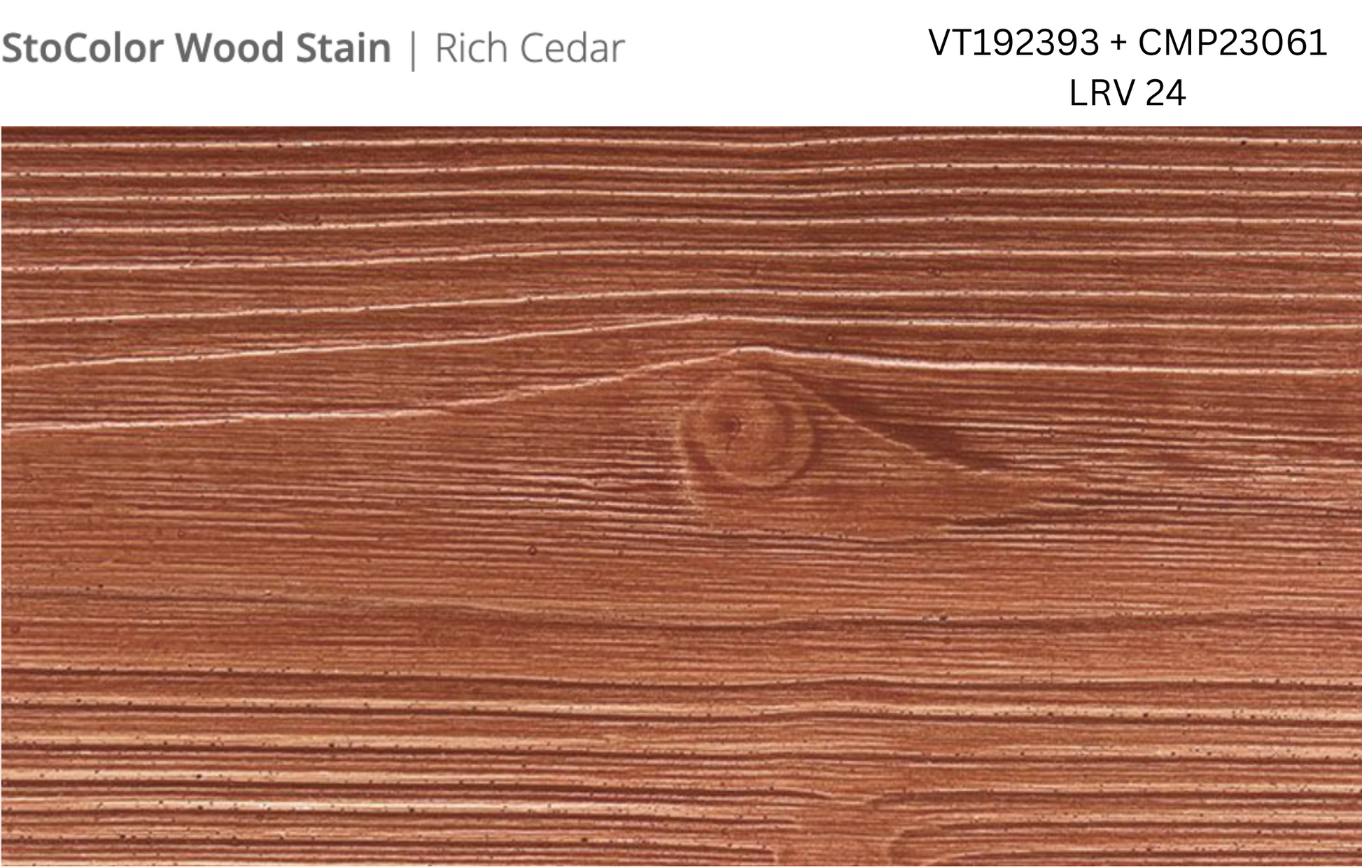 Close-up of Stocast wood with Stocolor woodstain in Rich Cedar colours, codes VT192393 and CMP23061, showing textured wood finish