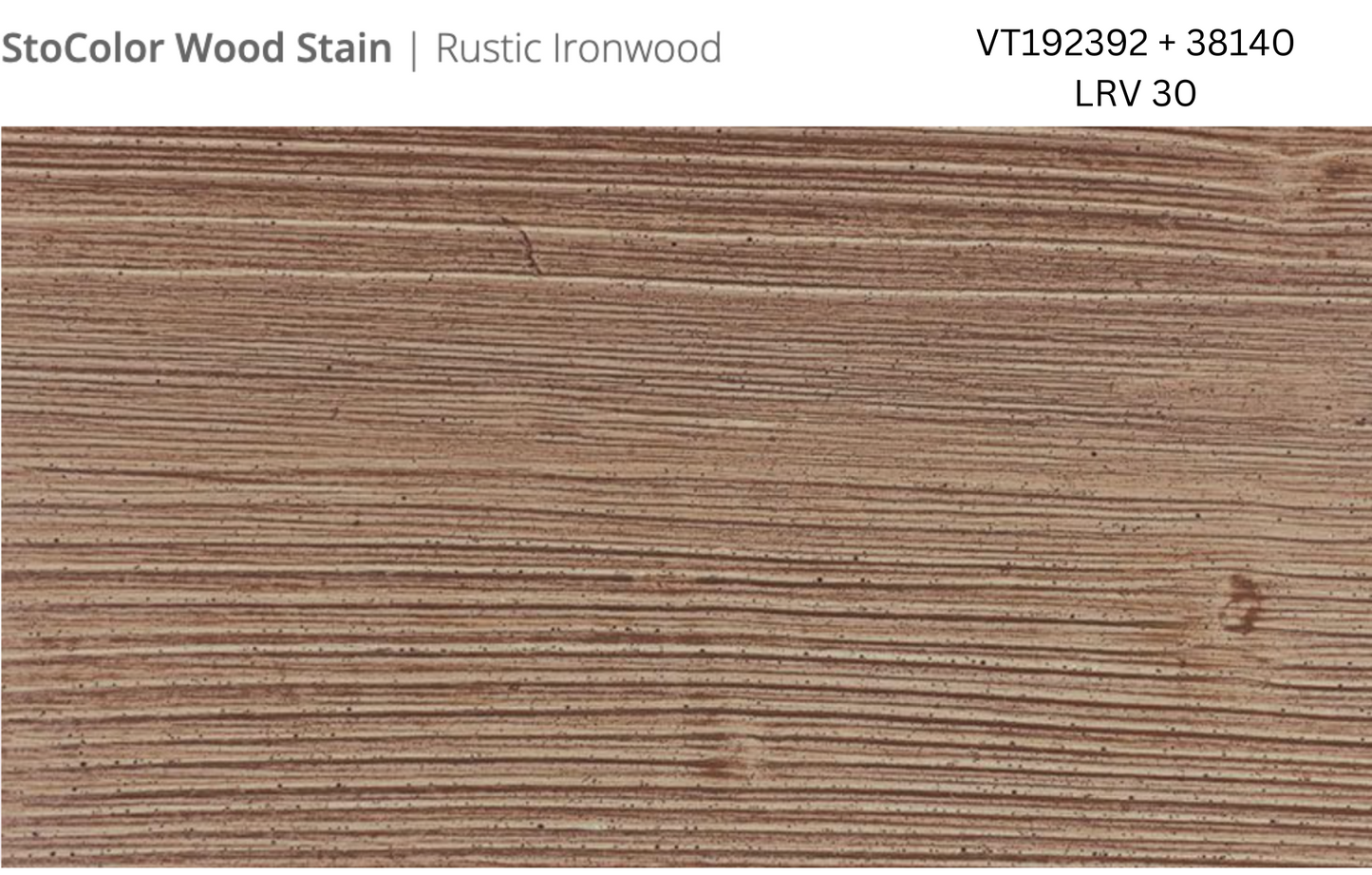 Close-up of Stocast wood with Stocolor woodstain in Rustic Ironwood colours, codes VT192392 and 38140, showing textured wood finish