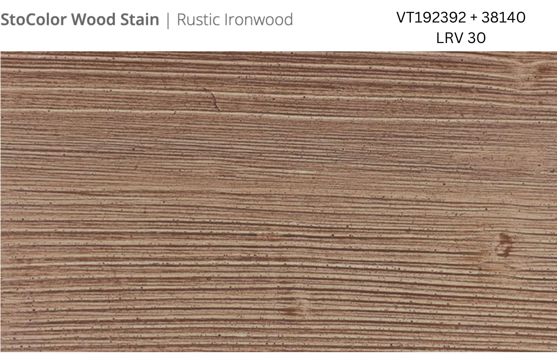 Close-up of Stocast wood with Stocolor woodstain in Rustic Ironwood colours, codes VT192392 and 38140, showing textured wood finish