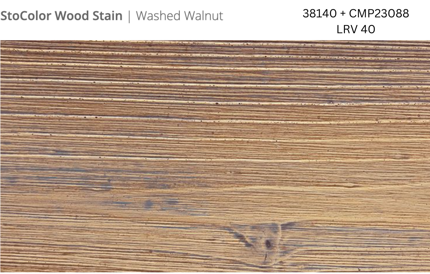 Close-up of Stocast wood with Stocolor woodstain in Washed Walnut colours, codes 38140 and CMP23088, showing textured wood finish