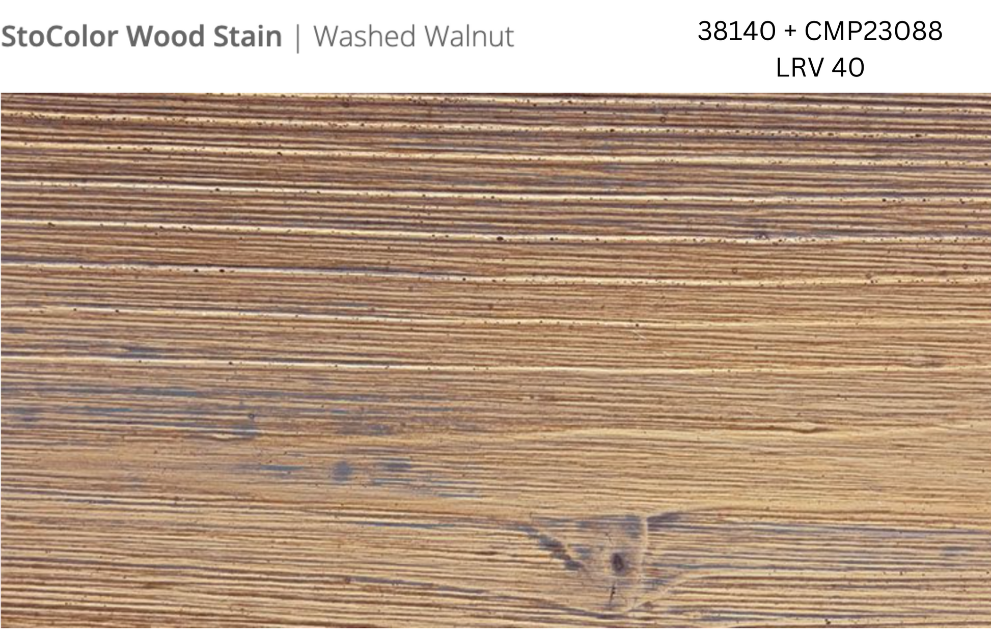 Close-up of Stocast wood with Stocolor woodstain in Washed Walnut colours, codes 38140 and CMP23088, showing textured wood finish