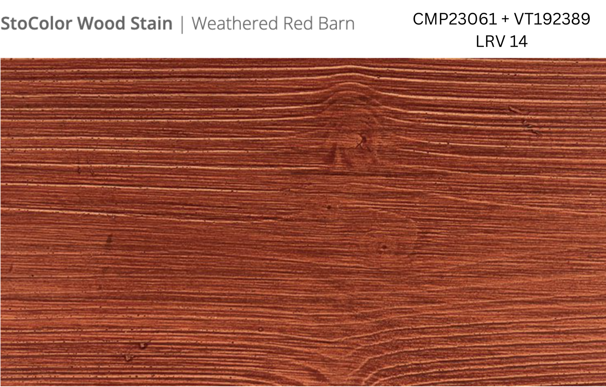 Stocast wood with Stocolor woodstain Weathered Red Barn close-up showing textured wood finish, colour codes CMP23061 and VT192389