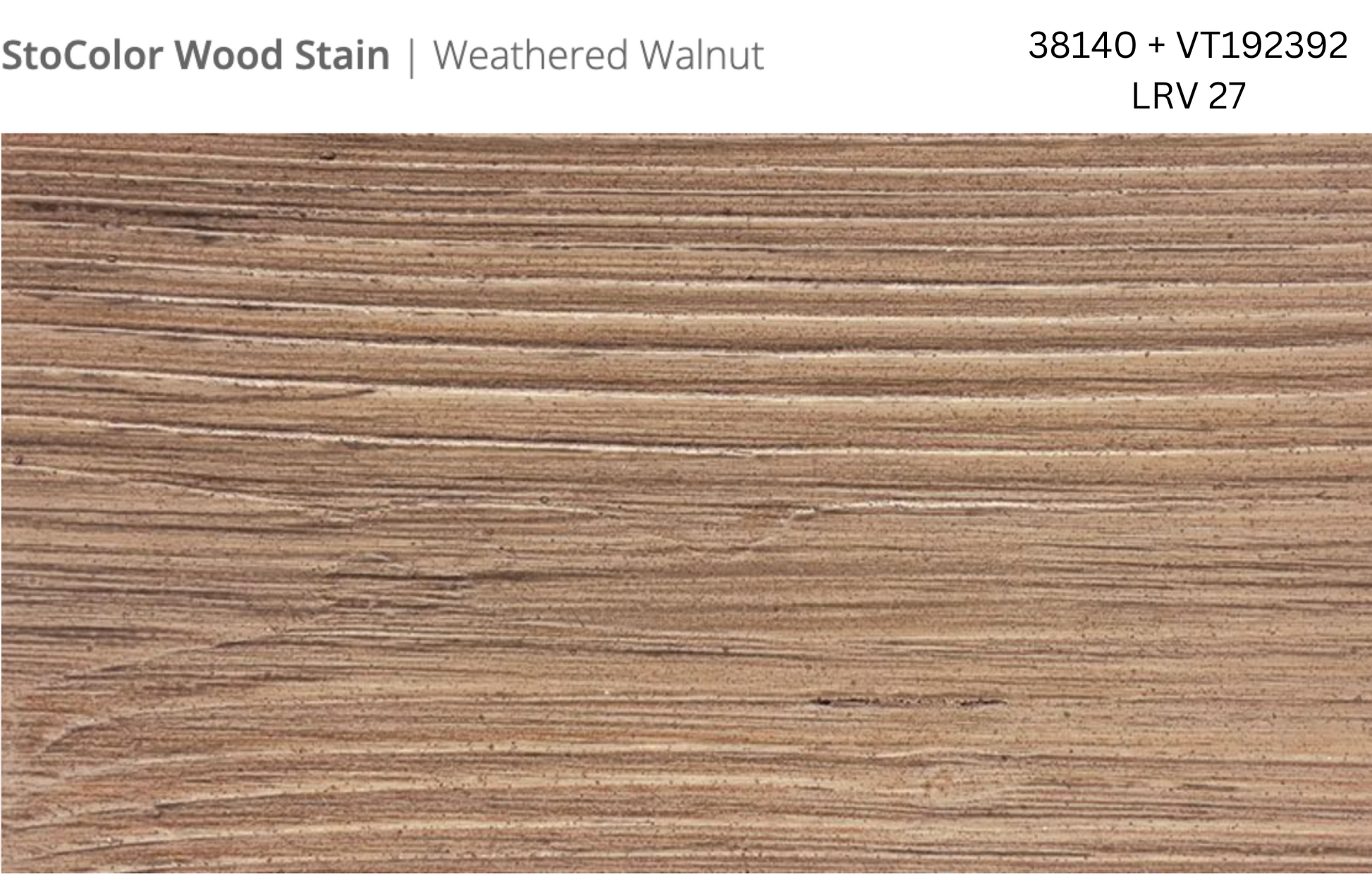 Stocast wood with Stocolor woodstain Weathered Walnut close-up showing textured wood finish, colour codes 38140 and VT192392