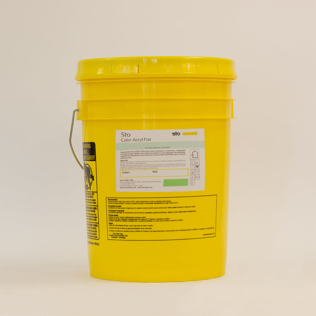 StoColor Acryl Flat paint showing product bucket label clearly, designed for exterior wall coating applications