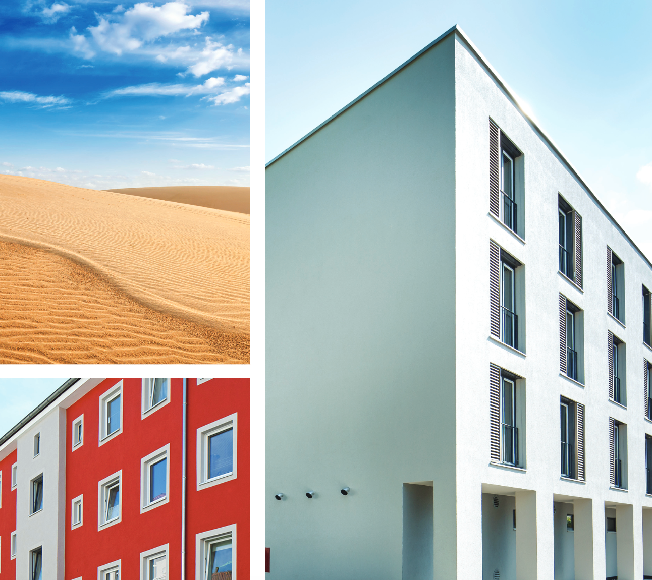 StoColor Dryonic collage showing dry desert imagery alongside two buildings painted in StoColor Dryonic fast-drying coating, highlighting moisture protection and mildew resistance