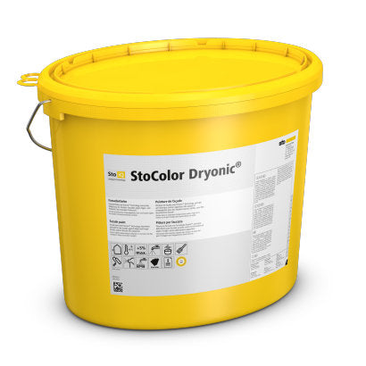 StoColor Dryonic paint in yellow Sto pail, fast-drying exterior coating that prevents mold, mildew, and moisture-related damage on buildings