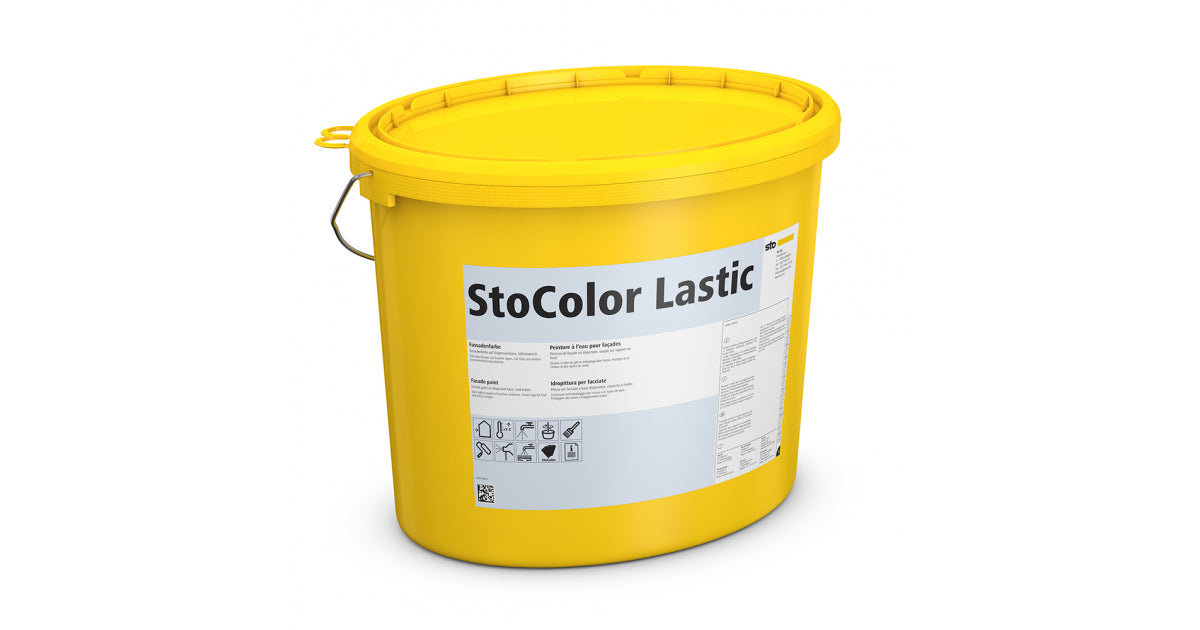 Sto yellow pail labeled StoColor Lastic elastomeric paint, shown as product packaging for flexible waterproof coating