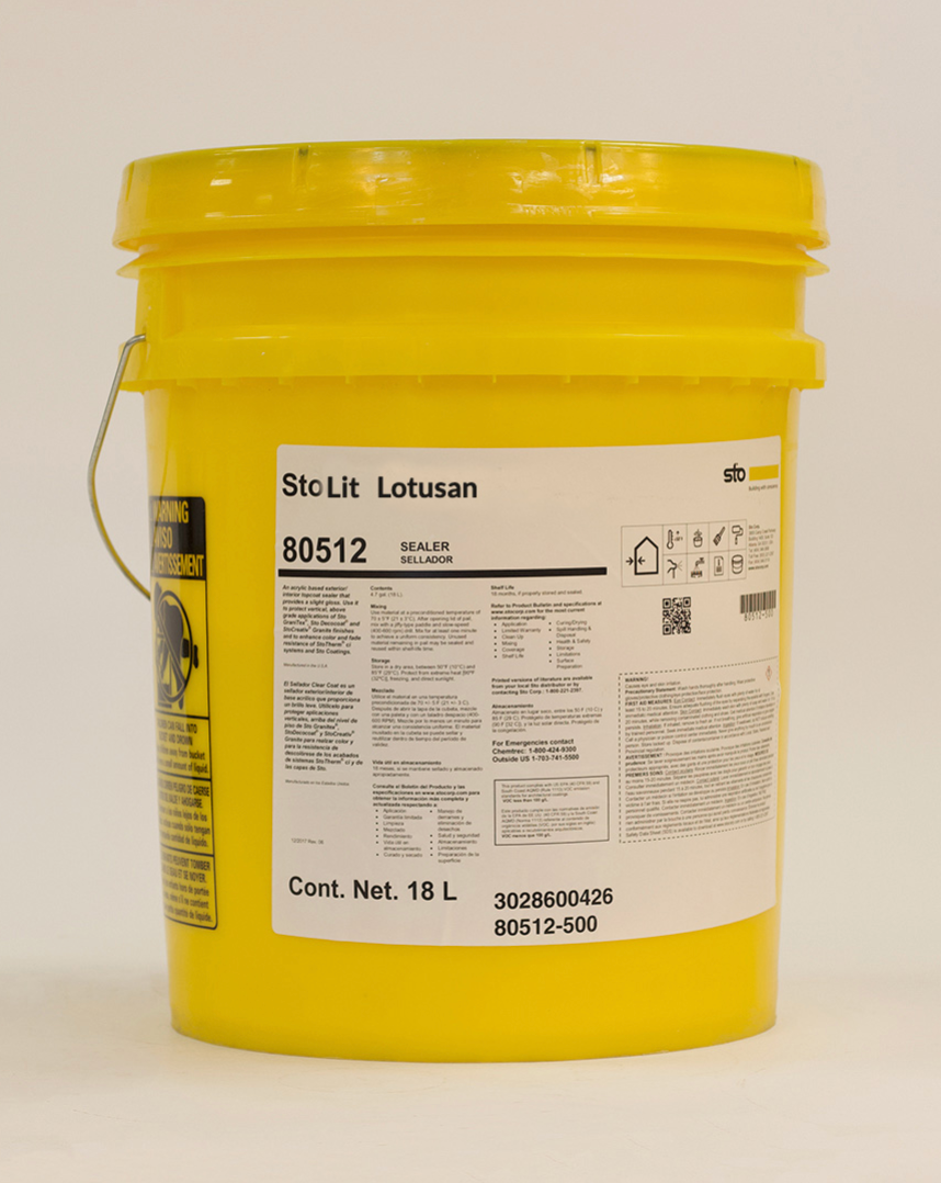 Sto yellow bucket labeled Stolit Lotusan stucco finish, showcasing hydrophobic self-cleaning coating for exterior wall systems