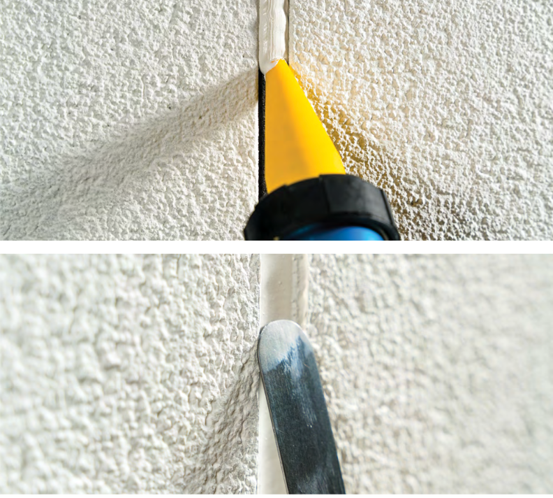 StoSeal STPE sealant shown in close-up being applied through caulking gun tip and smoothed with a tooling tool for precise joint sealing