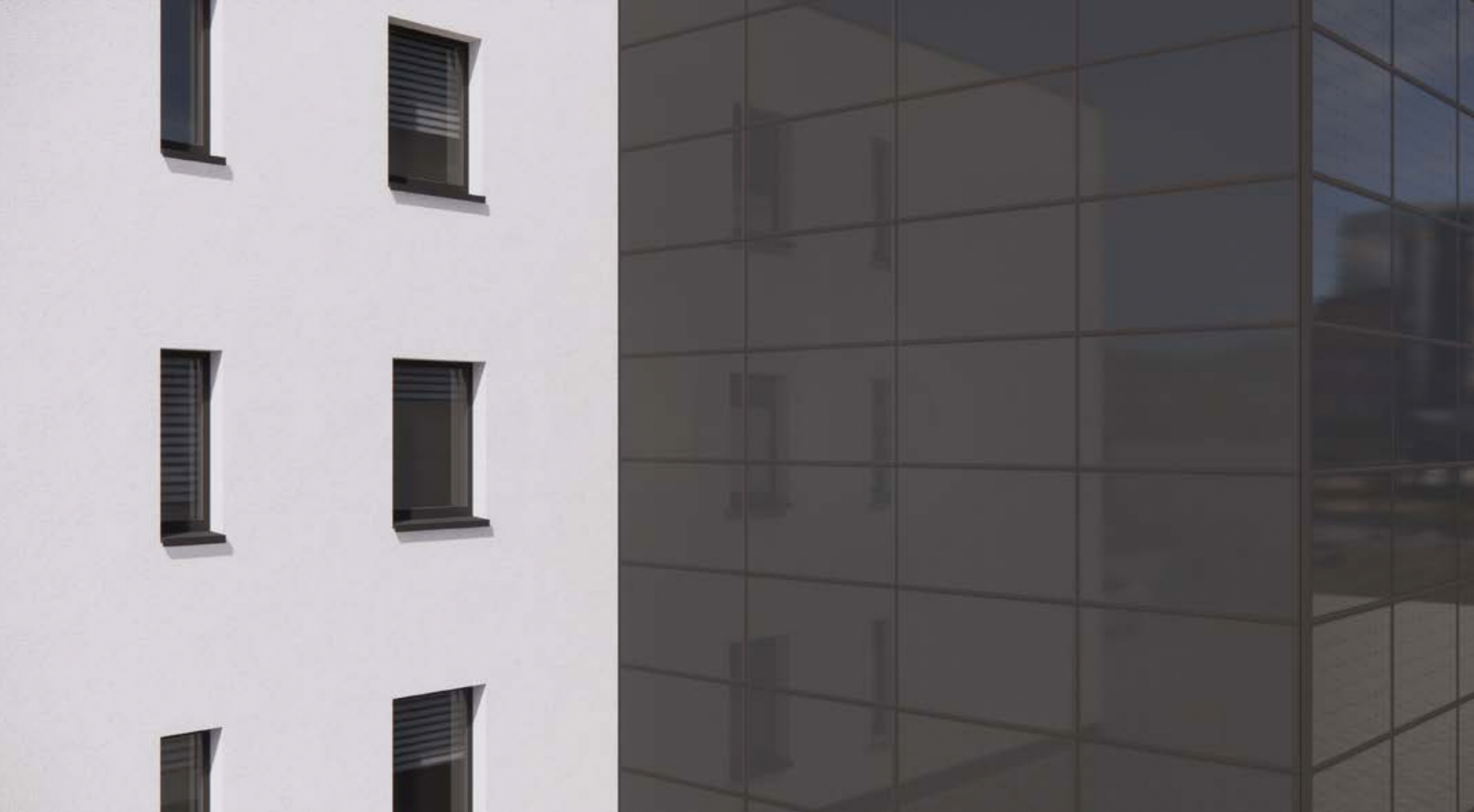 Close-up detail of StoVentec rainscreen system featuring render surface, decorative glass panels, and integrated photovoltaic solar power panels for energy-efficient building envelopes.
