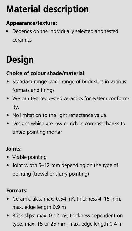 Informational chart explaining the StoVentec Ceramic cladding system, including available finishes, panel dimensions, technical specifications, and installation method for rainscreen facades.