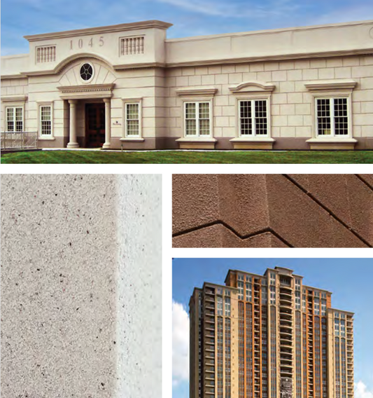 EIFS finished buildings alongside close-ups of stucco texture and StroCreativ Granite finish

