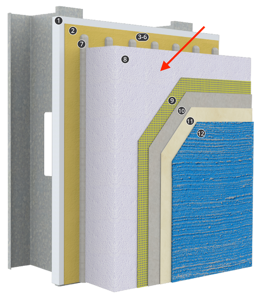 Diagram showing EPS foam insulation board within full EIFS system breakdown, highlighting its position and role in exterior wall insulation