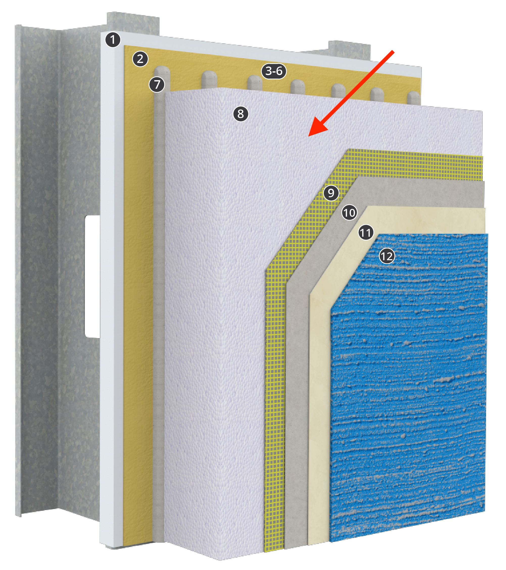Diagram of Sto EIFS system showing layers with Pro-D drainage insulation foam board highlighted, illustrating its position and function within the exterior insulation and finish system