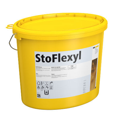 Bucket of Sto Flexyl waterproof breathable liquid applied membrane with clear product label, used for exterior waterproofing and vapour control