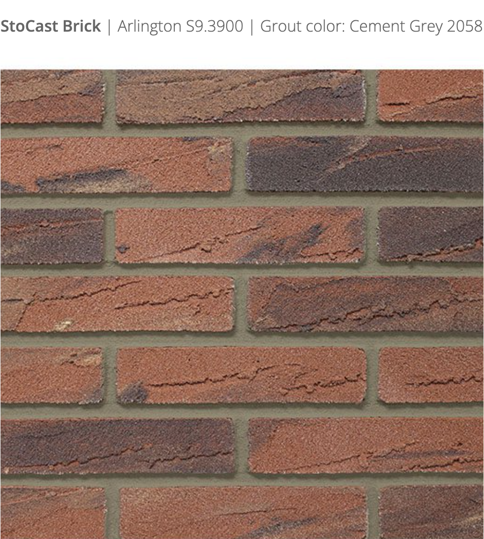 Stocast Brick close-up in Arlington colour, code S9.3900, with Cement Grey grout, code 2058, showing realistic masonry finish