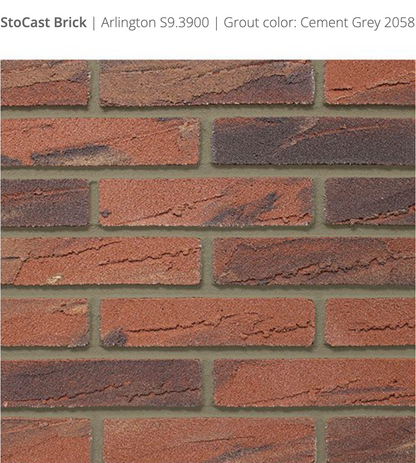 Stocast Brick close-up in Arlington colour, code S9.3900, with Cement Grey grout, code 2058, showing realistic masonry finish