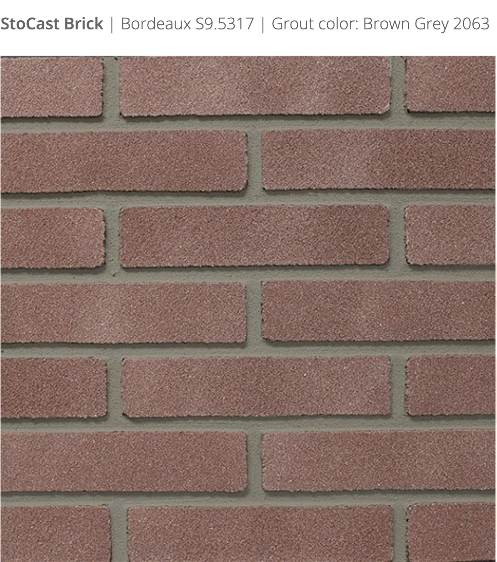 Stocast Brick close-up in Bordeaux colour, code S9.5317, with Brown Grey grout, code 2063, showing realistic masonry finish