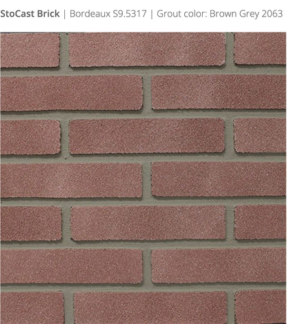 Stocast Brick close-up in Bordeaux colour, code S9.5317, with Brown Grey grout, code 2063, showing realistic masonry finish