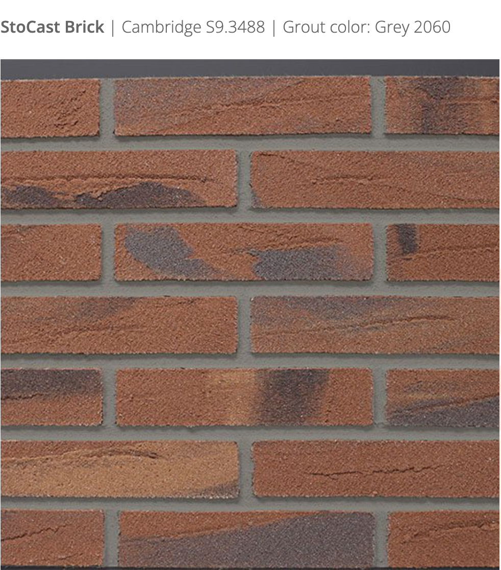 Stocast Brick close-up in Cambridge colour, code S9.3488, with Grey grout, code 2060, showing realistic masonry finish