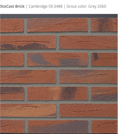 Stocast Brick close-up in Cambridge colour, code S9.3488, with Grey grout, code 2060, showing realistic masonry finish