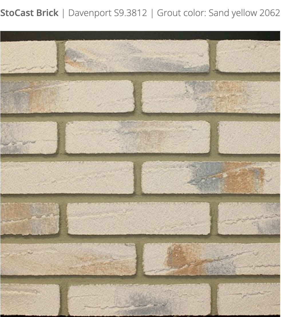Stocast Brick close-up in Davenport colour, code S9.3812, with Sand Yellow grout, code 2062, showing realistic masonry finish
