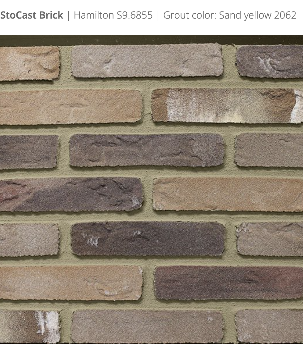 Stocast Brick close-up in Hamilton colour, code S9.6855, with Sand Yellow grout, code 2062, showing realistic masonry finish