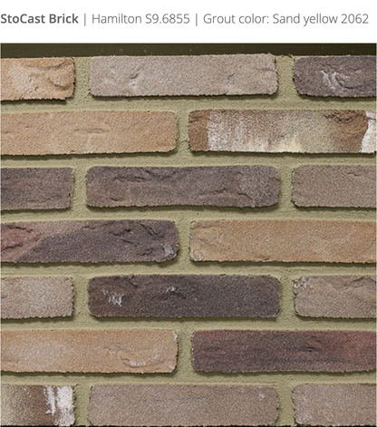 Stocast Brick close-up in Hamilton colour, code S9.6855, with Sand Yellow grout, code 2062, showing realistic masonry finish