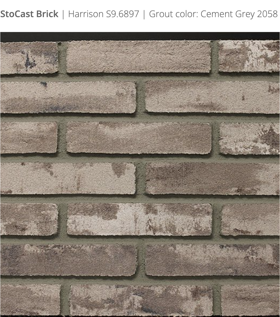 Stocast Brick close-up in Harrison colour, code S9.6897, with Cement Grey grout, code 2058, showing realistic masonry finish