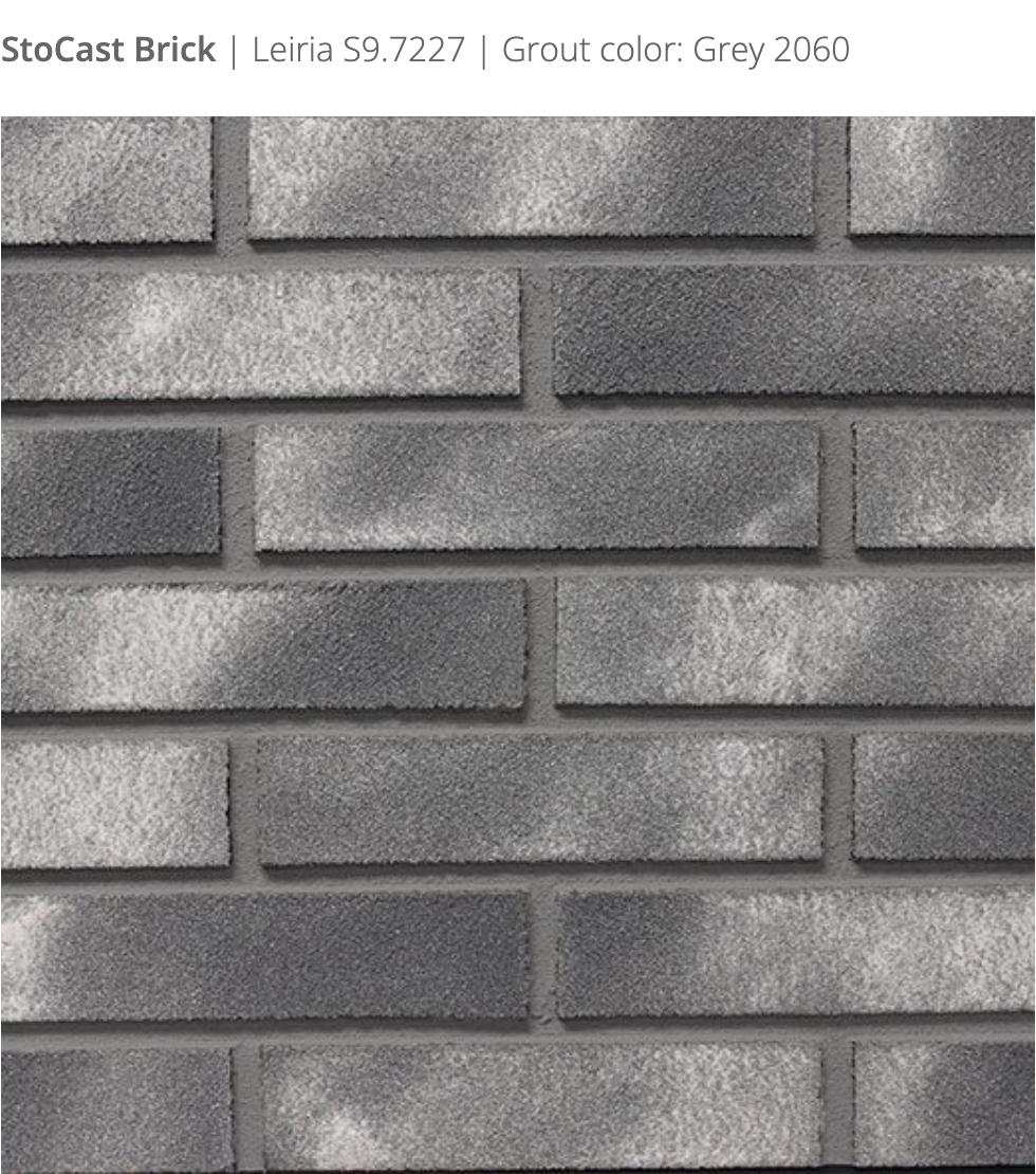 Stocast Brick close-up in Leiria colour, code S9.7227, with Grey grout, code 2060, showing realistic masonry finish
