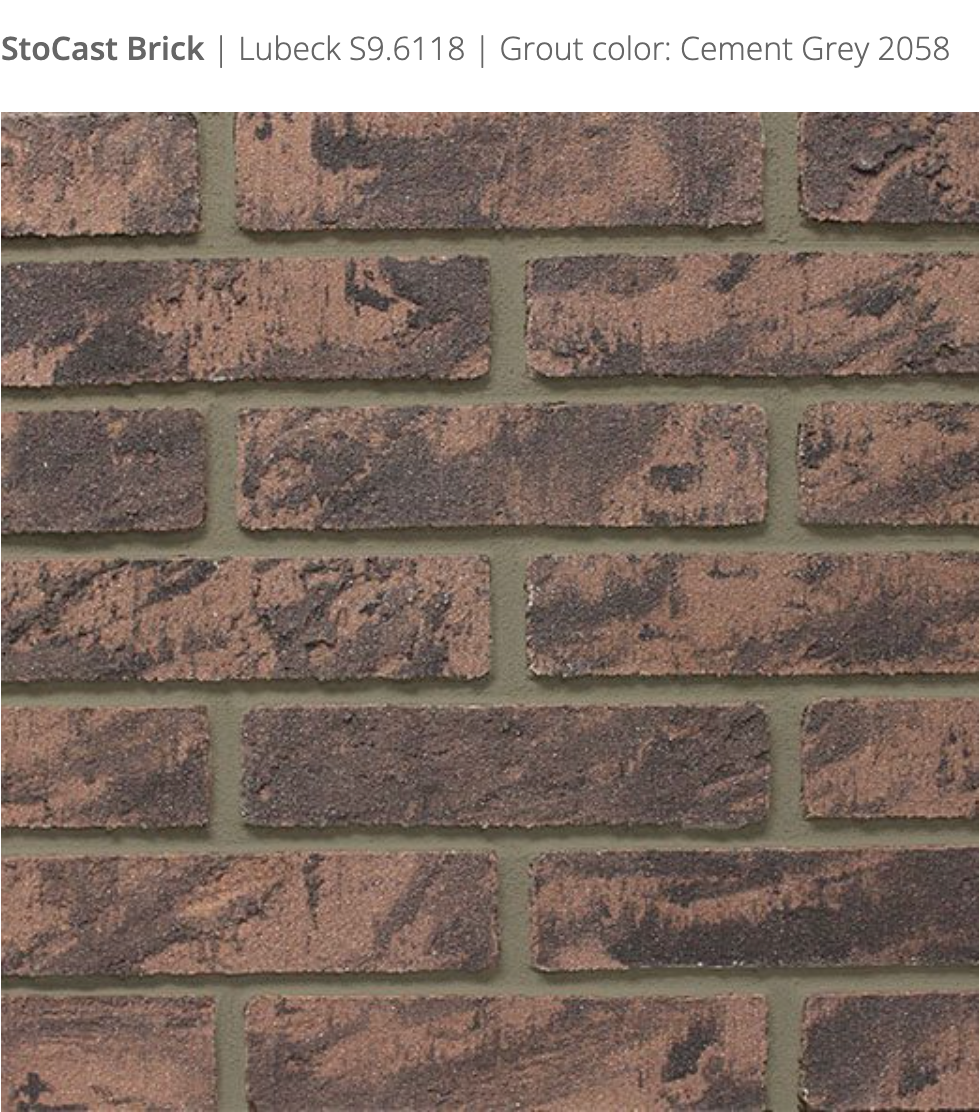 Stocast Brick close-up in Lubeck colour, code S9.6118, with Cement Grey grout, code 2058, showing realistic masonry finish