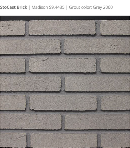 Stocast Brick close-up in Madison colour, code S9.4435, with Grey grout, code 2060, showing realistic masonry finish
