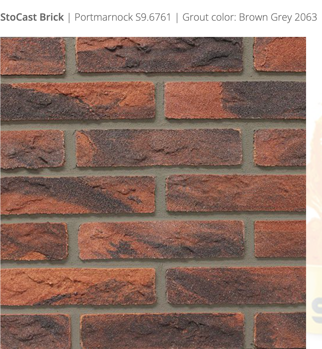 Stocast Brick close-up in Portmarnock colour, code S9.6761, with Brown Grey grout, code 2063, showing realistic masonry finish