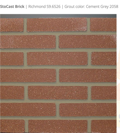 Stocast Brick close-up in Richmond colour, code S9.6526, with Cement Grey grout, code 2058, showing realistic masonry finish