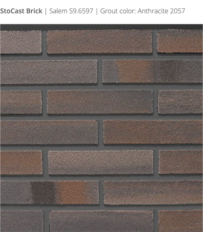 Stocast Brick close-up in Salem colour, code S9.6597, with Anthracite grout, code 2057, showing textured cladding with masonry look