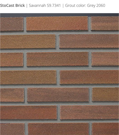 Stocast Brick close-up in Savannah colour, code S9.7341, with Grey grout, code 2060, showing realistic masonry finish