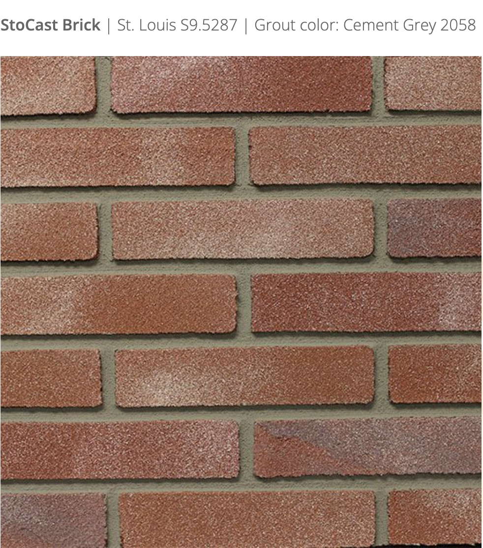 Stocast Brick close-up in St. Louis colour, code S9.5287, with Cement Grey grout, code 2058, showing realistic masonry finish