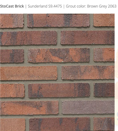 Stocast Brick close-up in Sunderland colour, code S9.4475, with Brown Grey grout, code 2063, showing realistic masonry finish