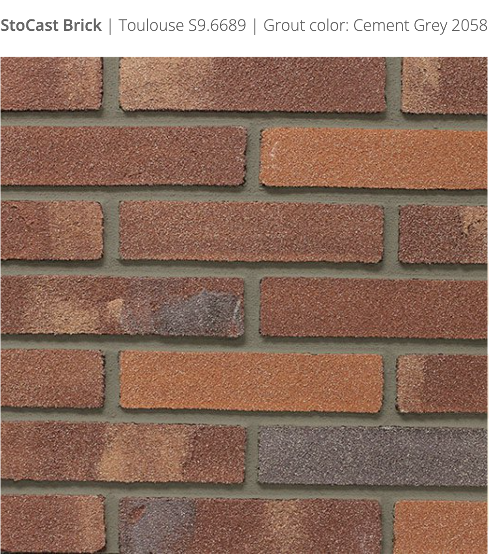 Stocast Brick close-up in Toulouse colour, code S9.6689, with Cement Grey grout, code 2058, showing realistic masonry finish