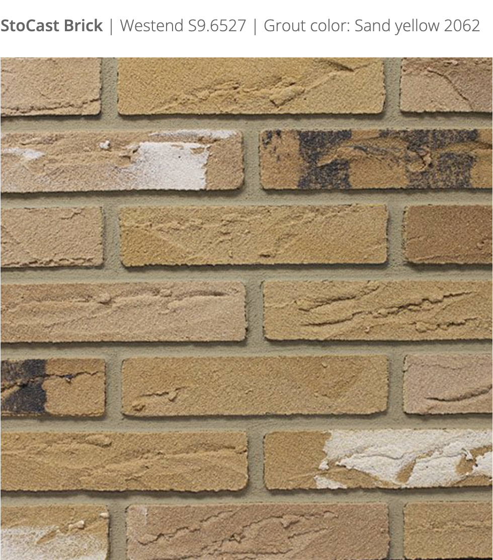 Stocast Brick close-up in Westend colour, code S9.6527, with Sand Yellow grout, code 2062, showing realistic masonry finish
