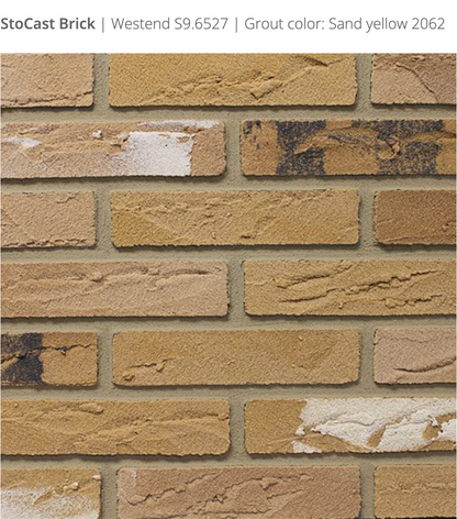 Stocast Brick close-up in Westend colour, code S9.6527, with Sand Yellow grout, code 2062, showing realistic masonry finish